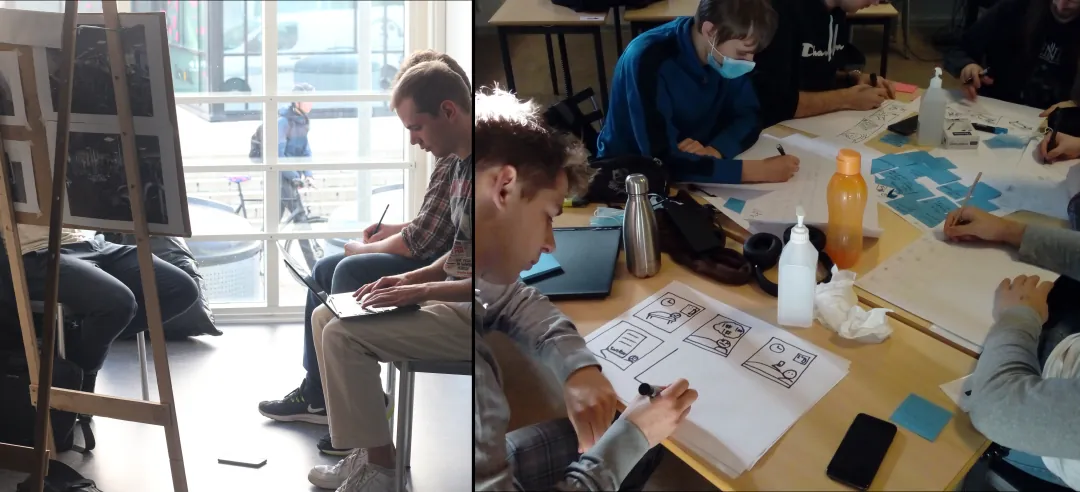 Two images. In the left-side image, students are interviewing a person who answers using pictures on an easel. In the right-side image, students are gathered around a table, drawing storyboards with black markers on large A3 paper. 